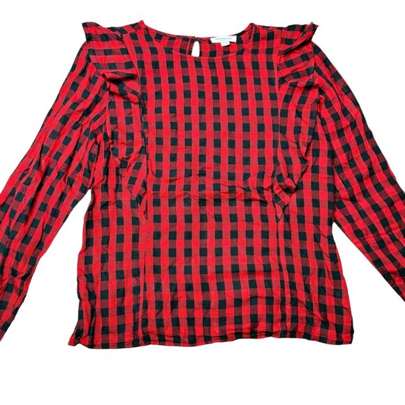 beachlunchlounge Red Black Lumberjack Plaid Ruffle Front Blouse Size Large - Picture 3 of 8